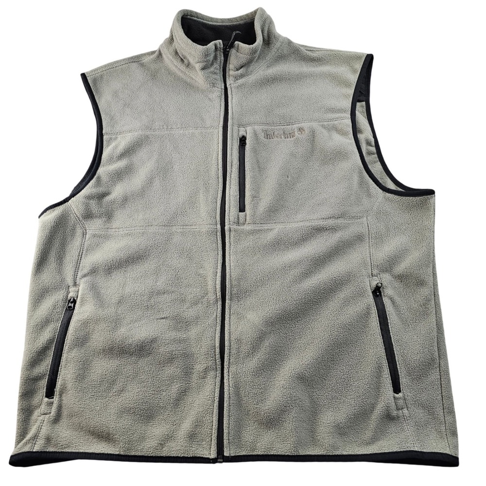Timberland Fleece Vest Men's XL Beige Weathergear Sleeveless Mock Neck Full Zip